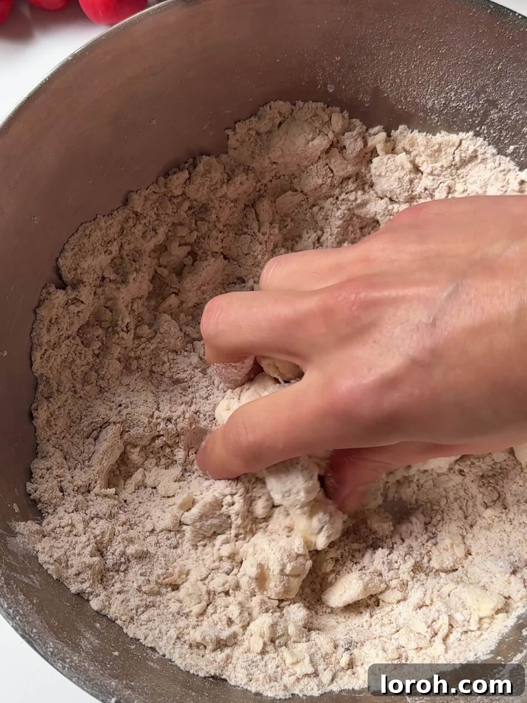 Cold butter cubes being rubbed into a mixture of flour, sugar, oats, and cinnamon to create a crumble topping.