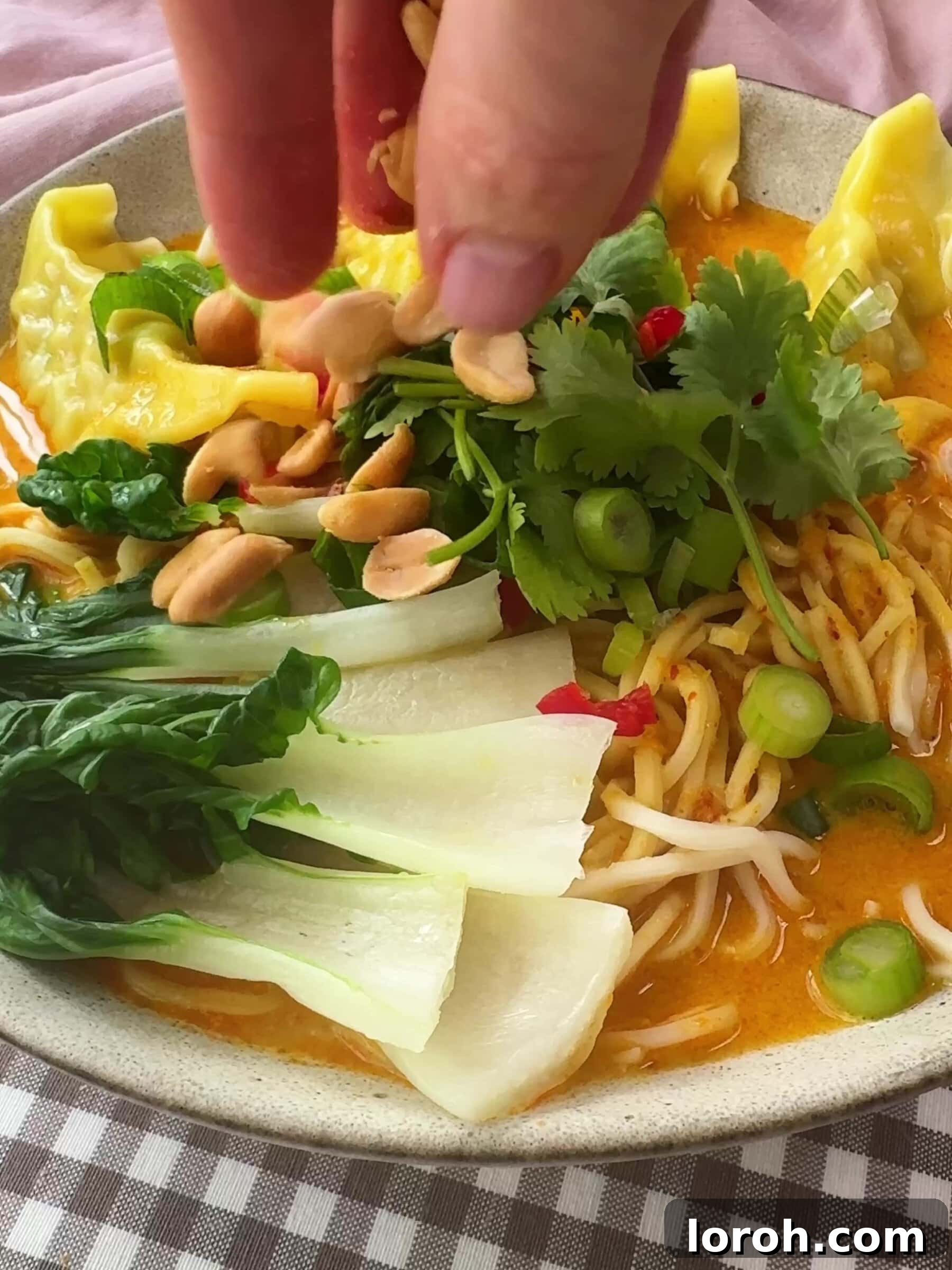 Aromatic Wonton Noodle Delight 11 Adding fresh garnishes to Wonton Noodle Soup