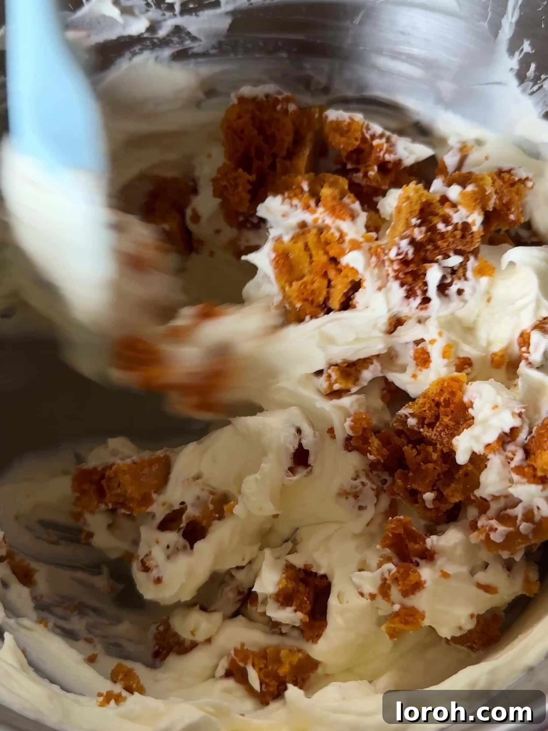 Golden Honeycomb Crunch Ice Cream 9 Mixing honeycomb pieces into the ice cream base