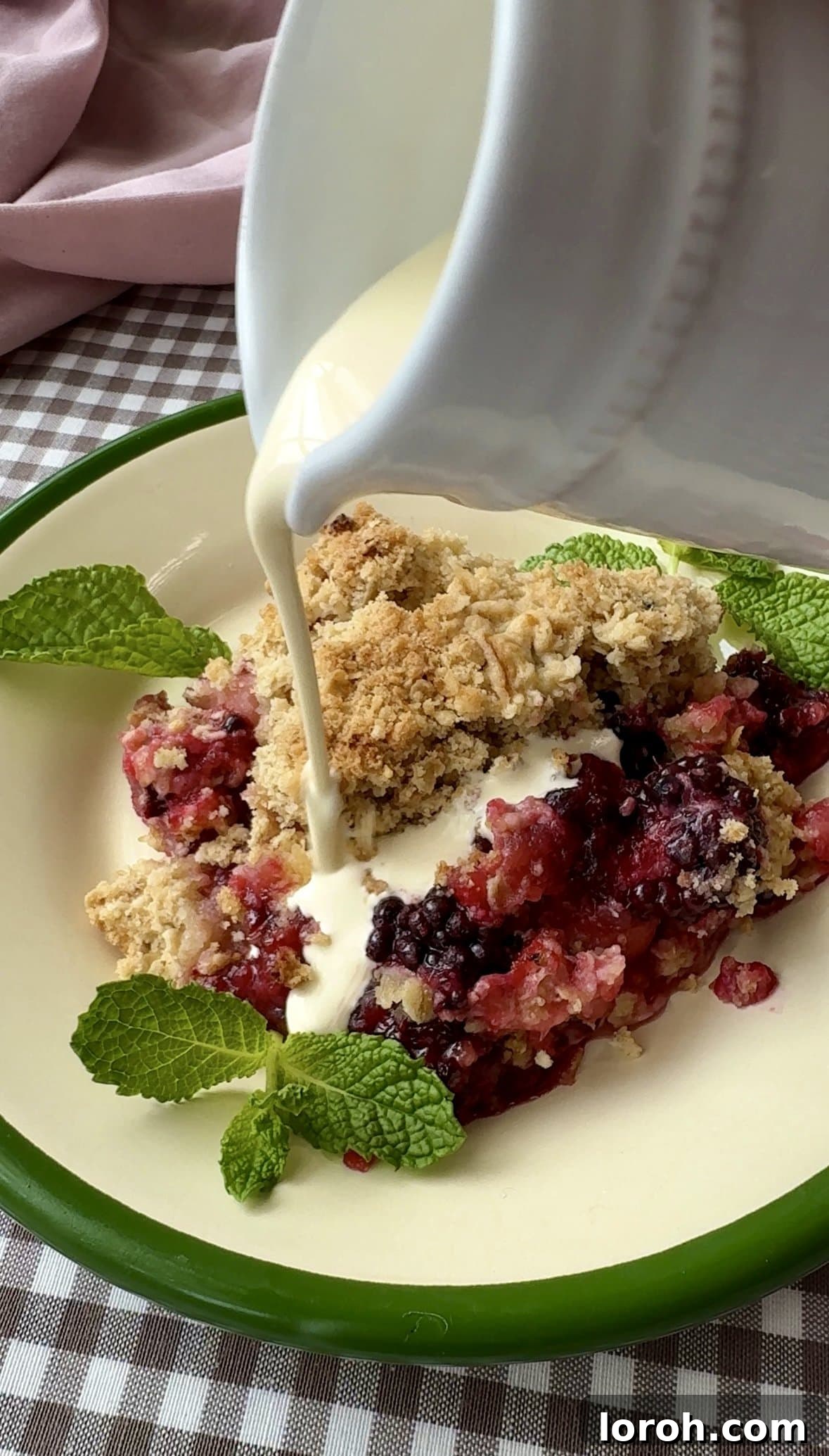 apple and blackberry crumble in a baking dish