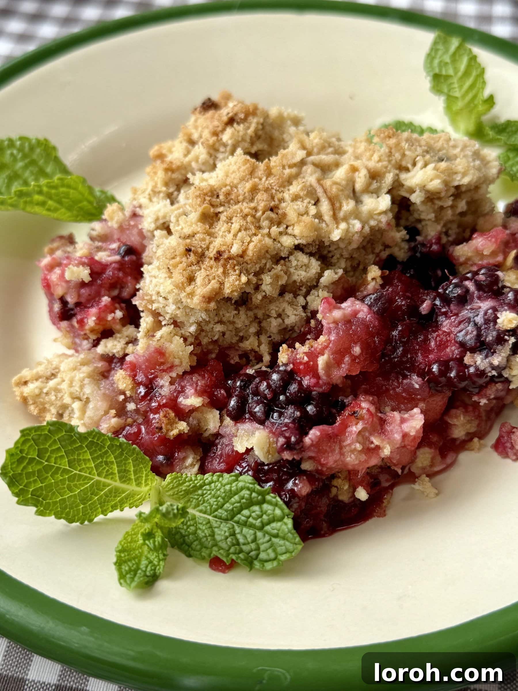 Close up of a baked Apple and Blackberry Crumble