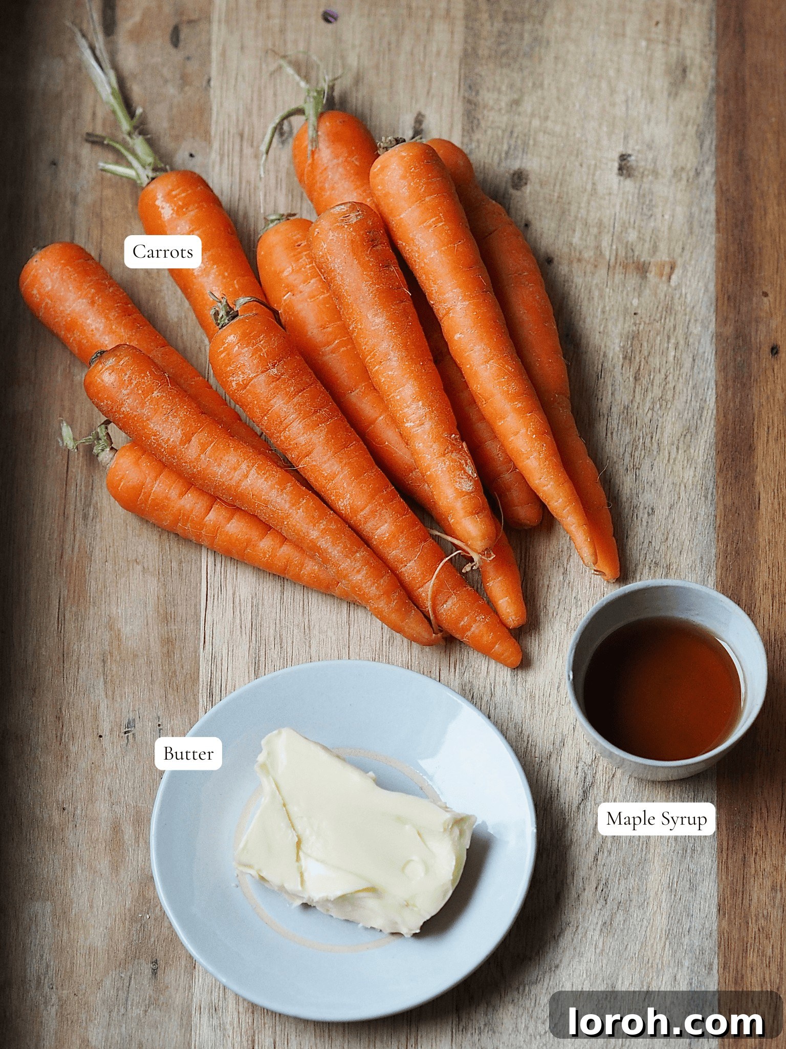 Labelled maple and butter glazed carrots ingredients. 