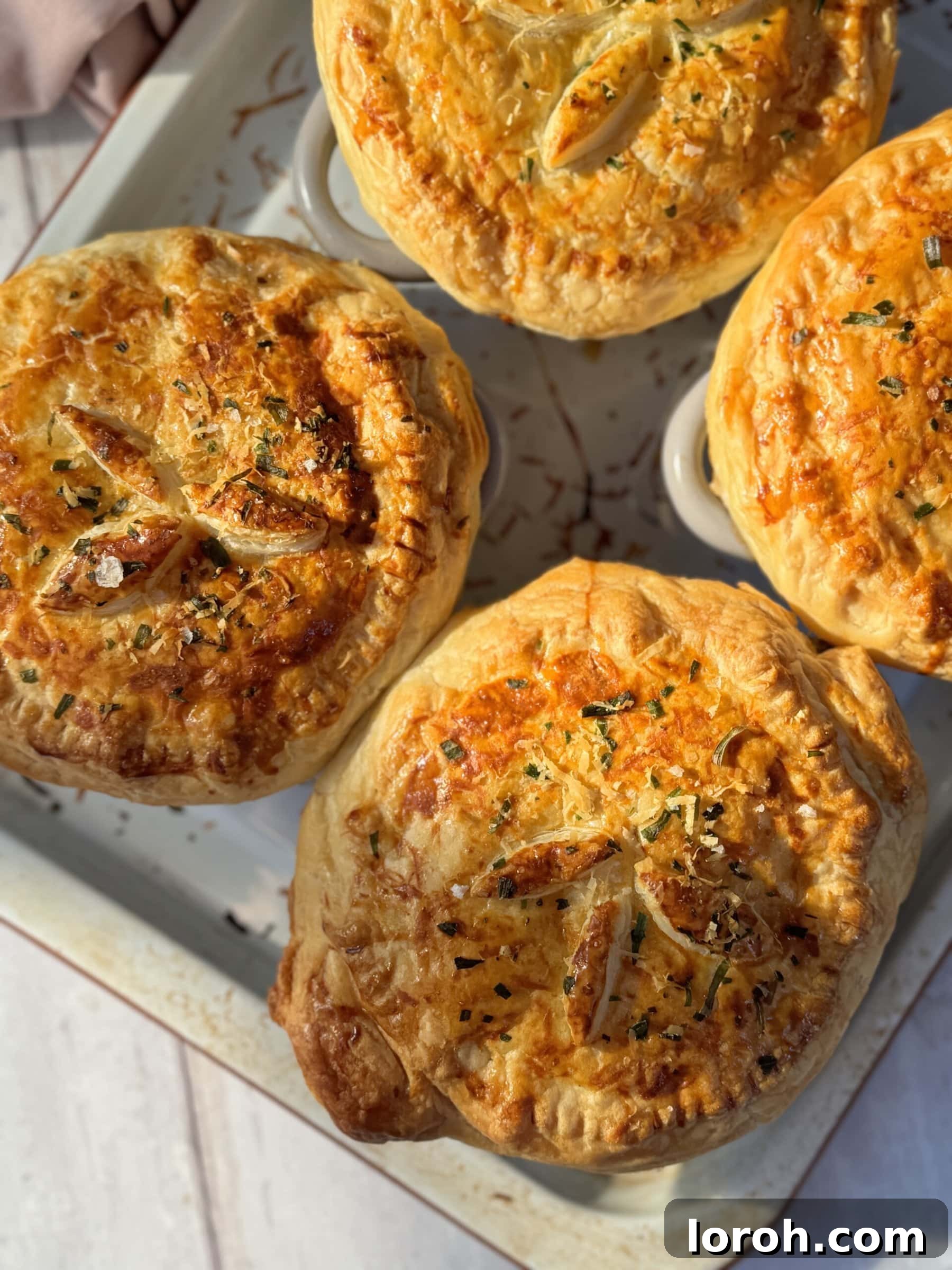 A tray of beautifully baked chicken mini pot pies, with golden, flaky pastry, ready to be served as a comforting meal.