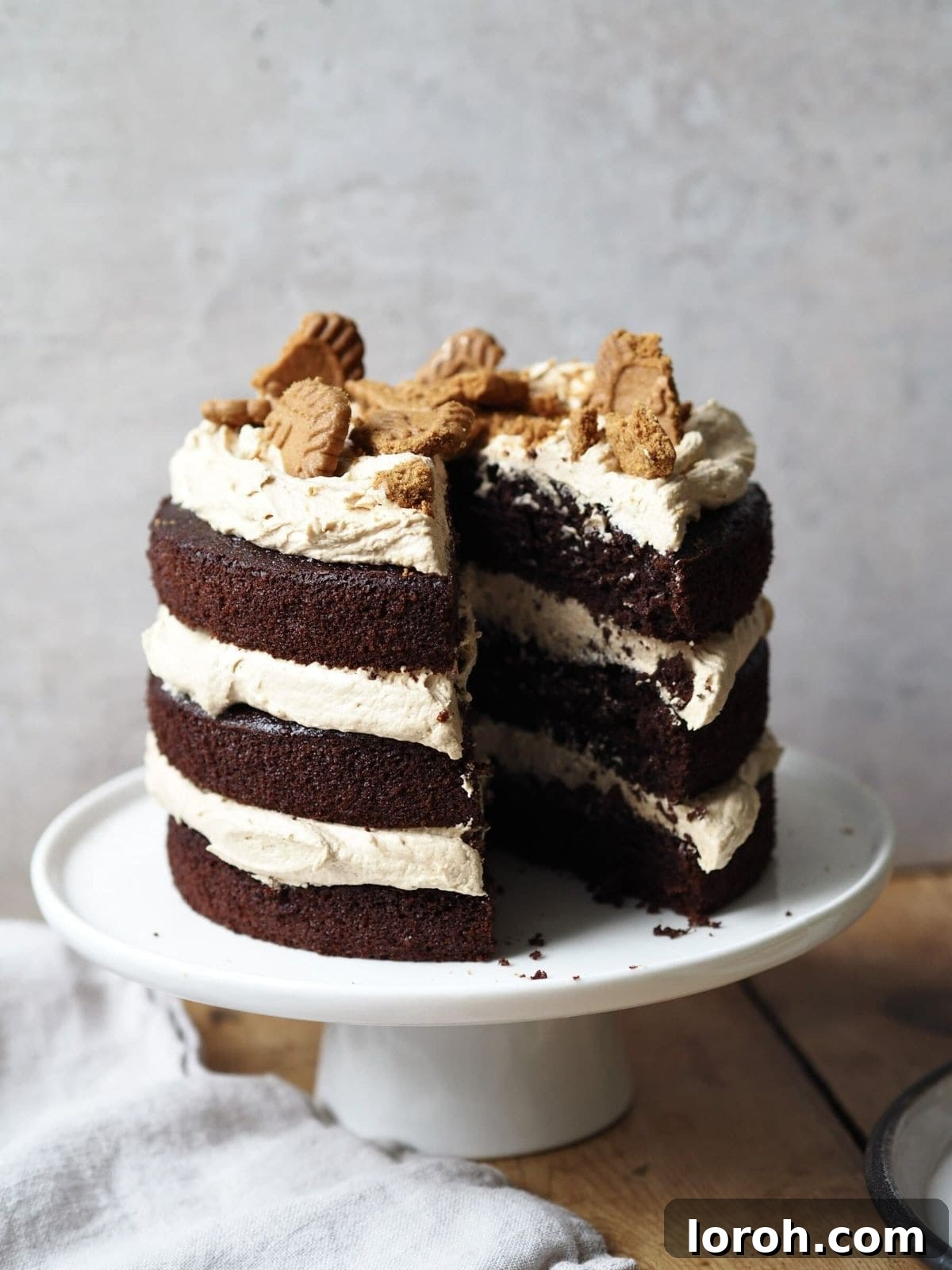 A slice of the Biscoff cake clearly showing the layers of chocolate sponge and creamy Biscoff buttercream, with more whole cake visible.