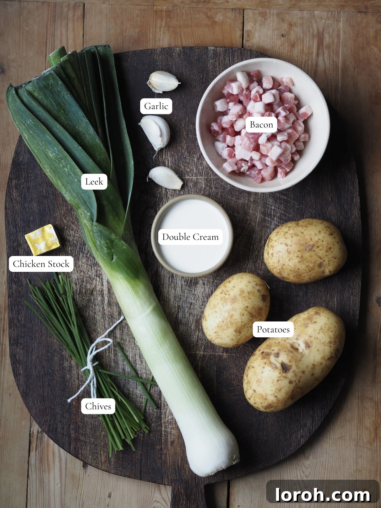 Leek Potato and Bacon Soup ingredients laid out for preparation.