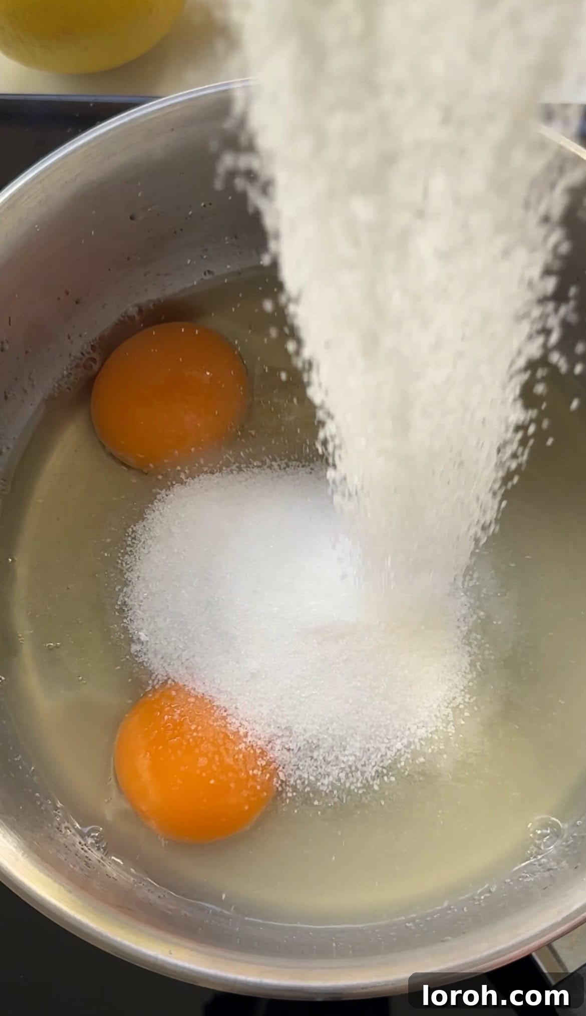 Zesty Lemon Meringue Delight 11 adding granulated sugar to lemon juice, egg, and egg yolk in a saucepan for lemon curd