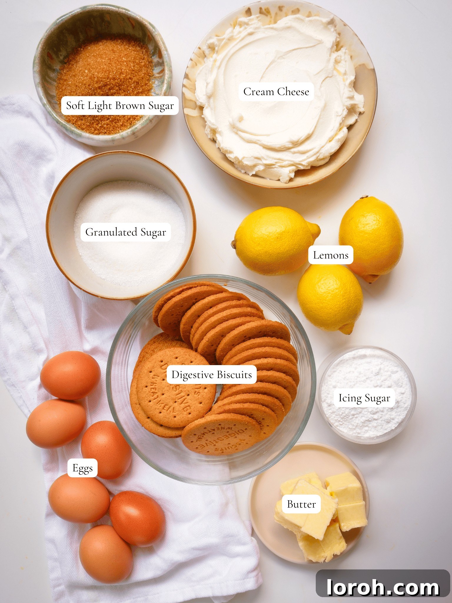 Zesty Lemon Meringue Delight 5 labelled ingredients for lemon meringue cheesecake including biscuits, lemons, eggs, and dairy