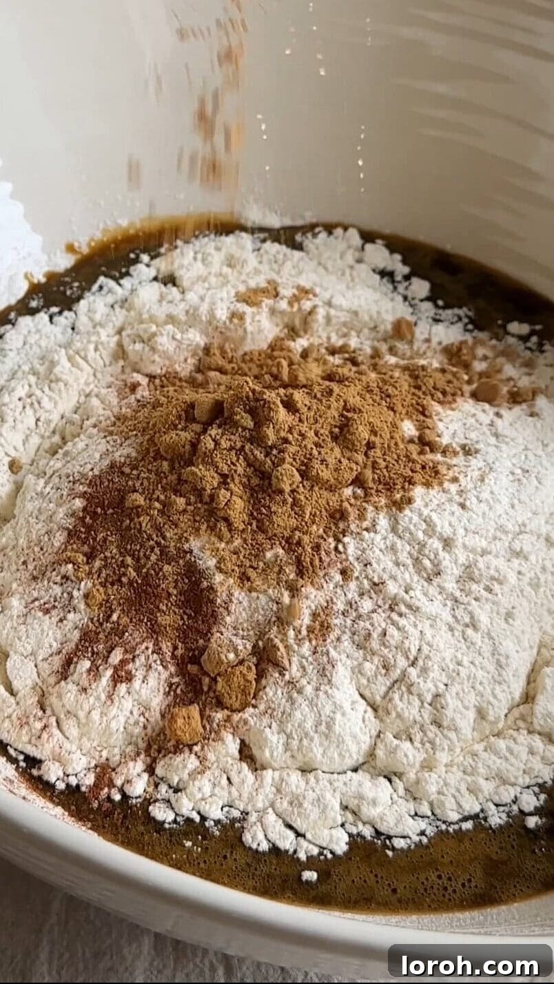 Island-Spiced Jamaican Ginger Cake 7 Sifting dry ingredients and spices into the wet mixture.