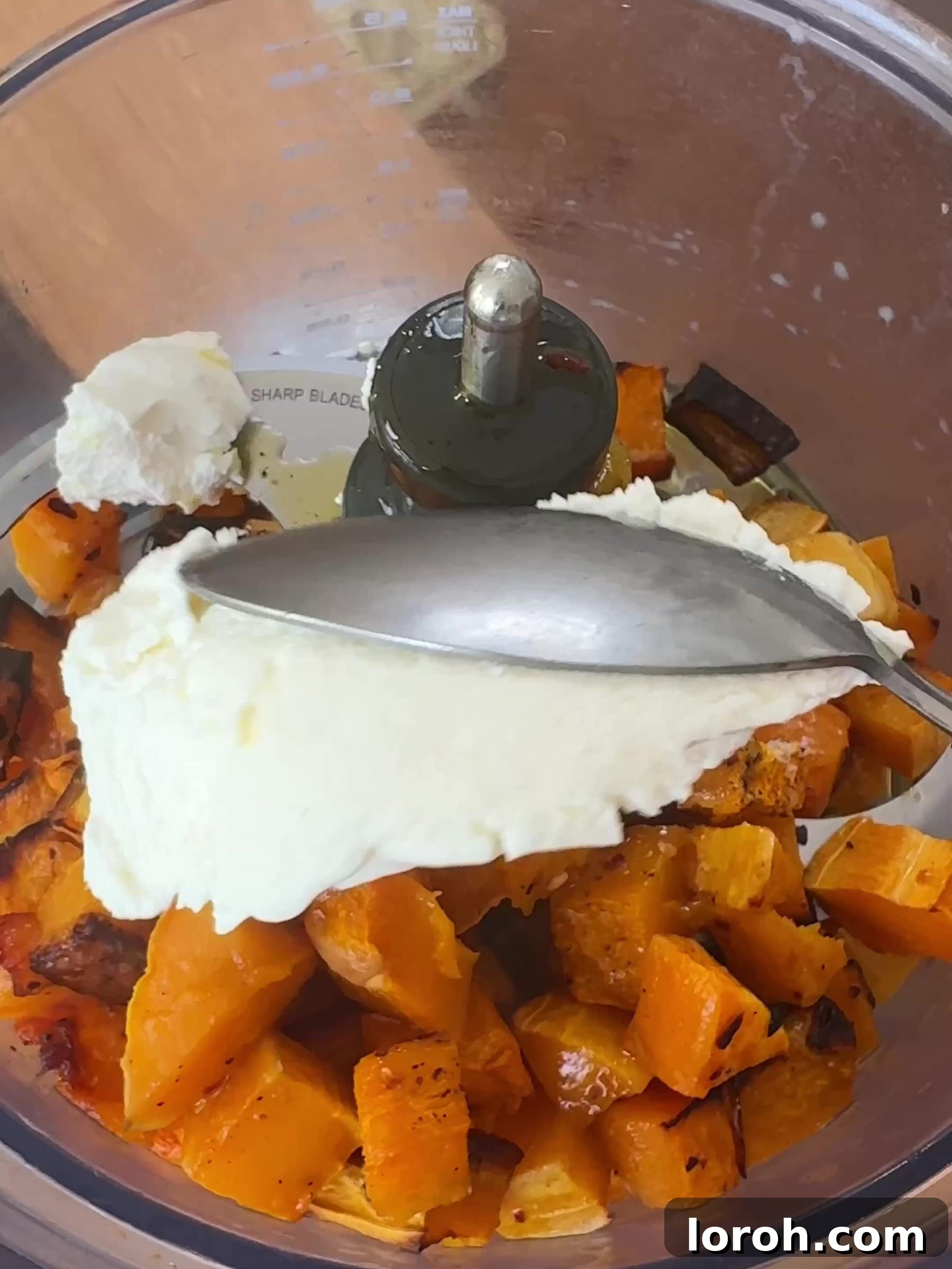 Basil Bliss Lasagna Bake 6 Butternut squash and ricotta being blended in a food processor.
