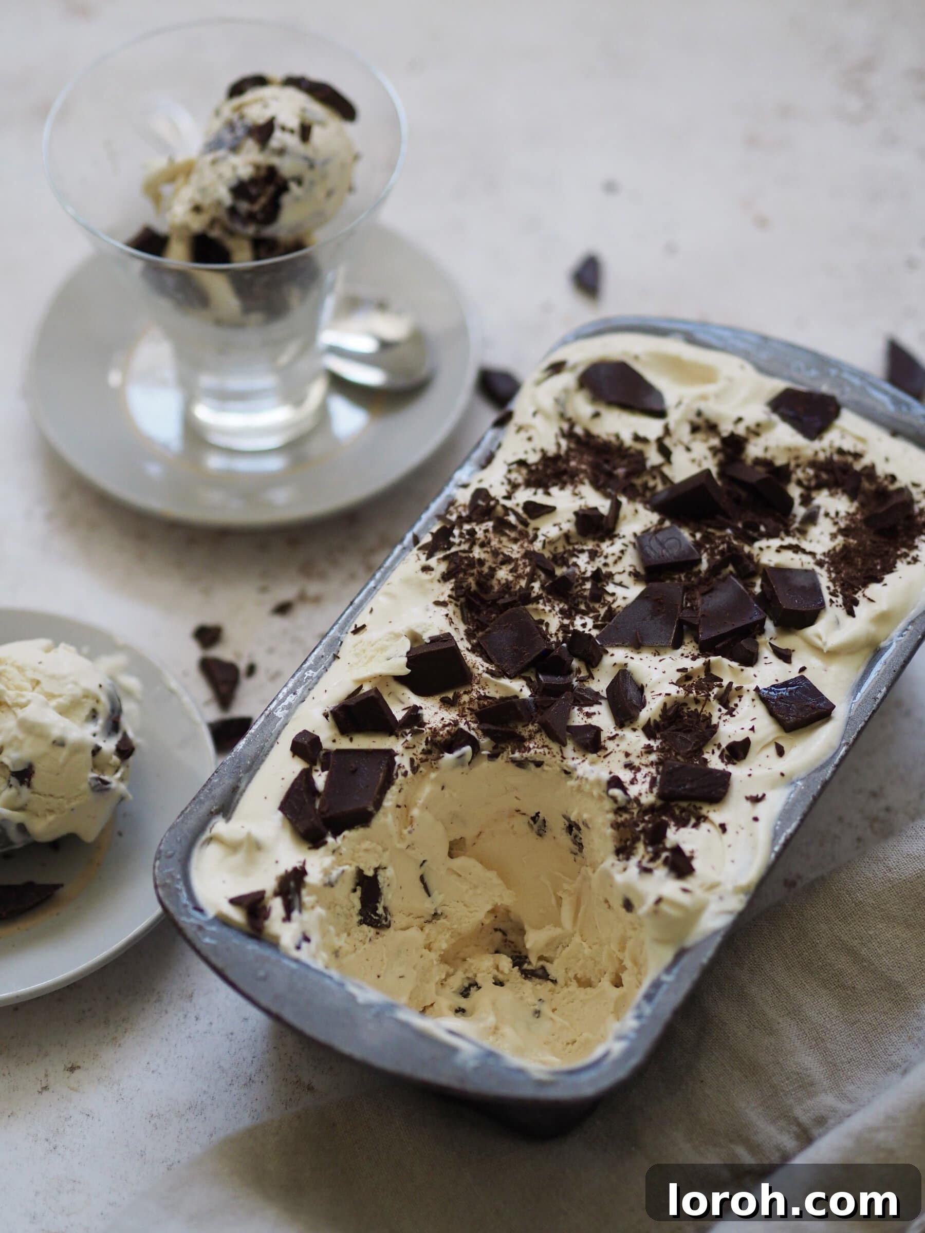 Baileys Velvet Ice Cream 2 Serving Baileys Ice Cream in elegant glass bowls, garnished with chocolate shavings.