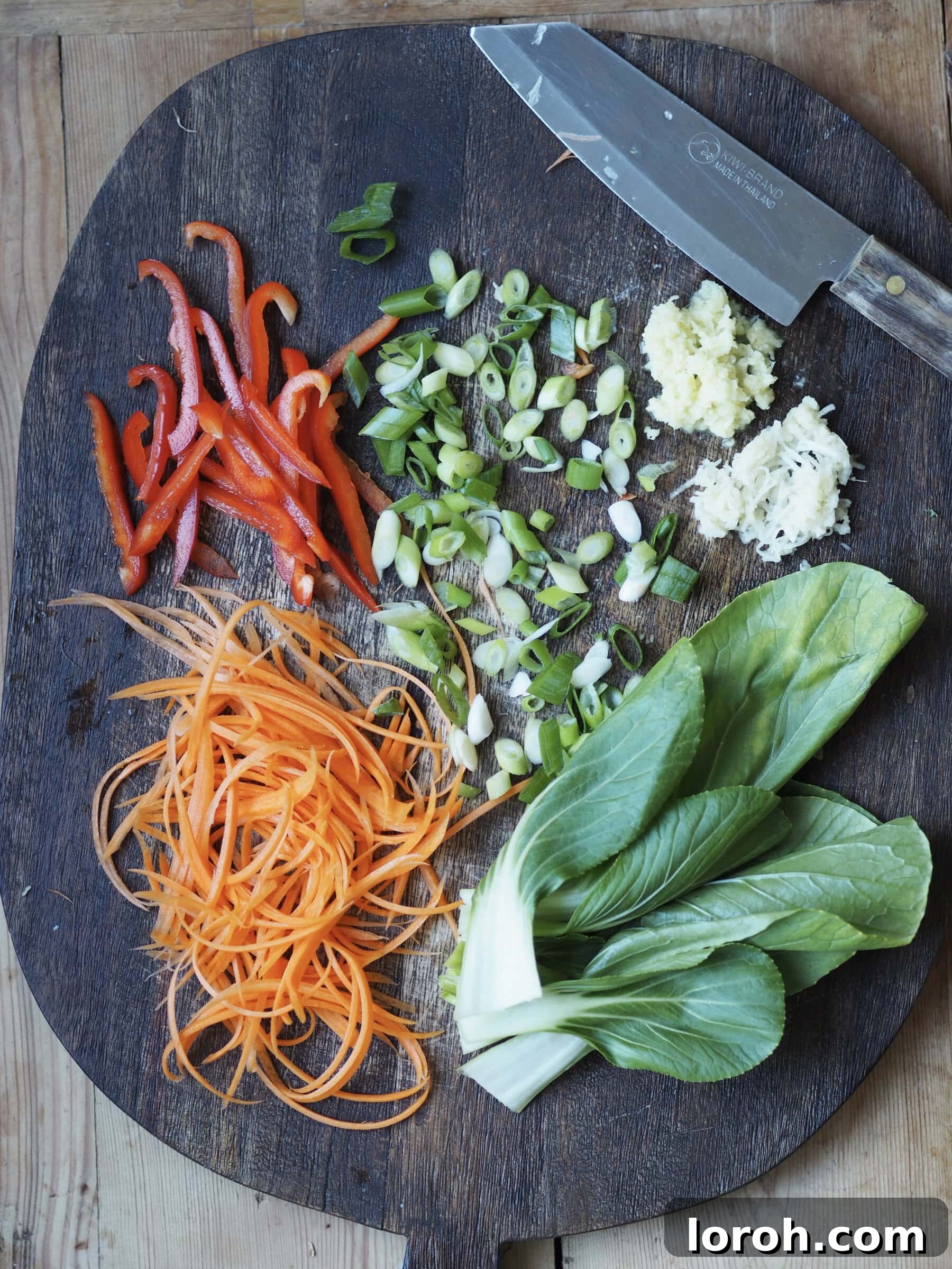 Double Delight Fried Rice 4 Wooden tray with uncooked vegetables