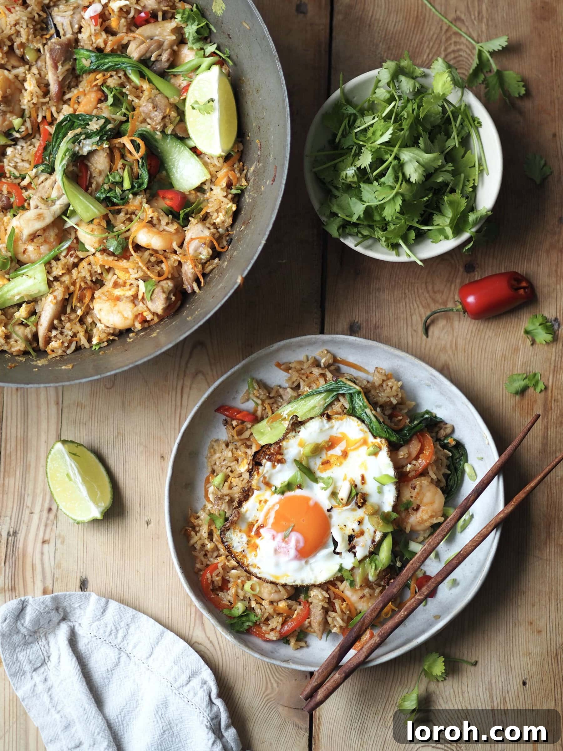 Double Delight Fried Rice 9 Pan with Shrimp and Chicken Fried Rice and a bowl of Shrimp and Chicken Fried Rice with a fried egg.