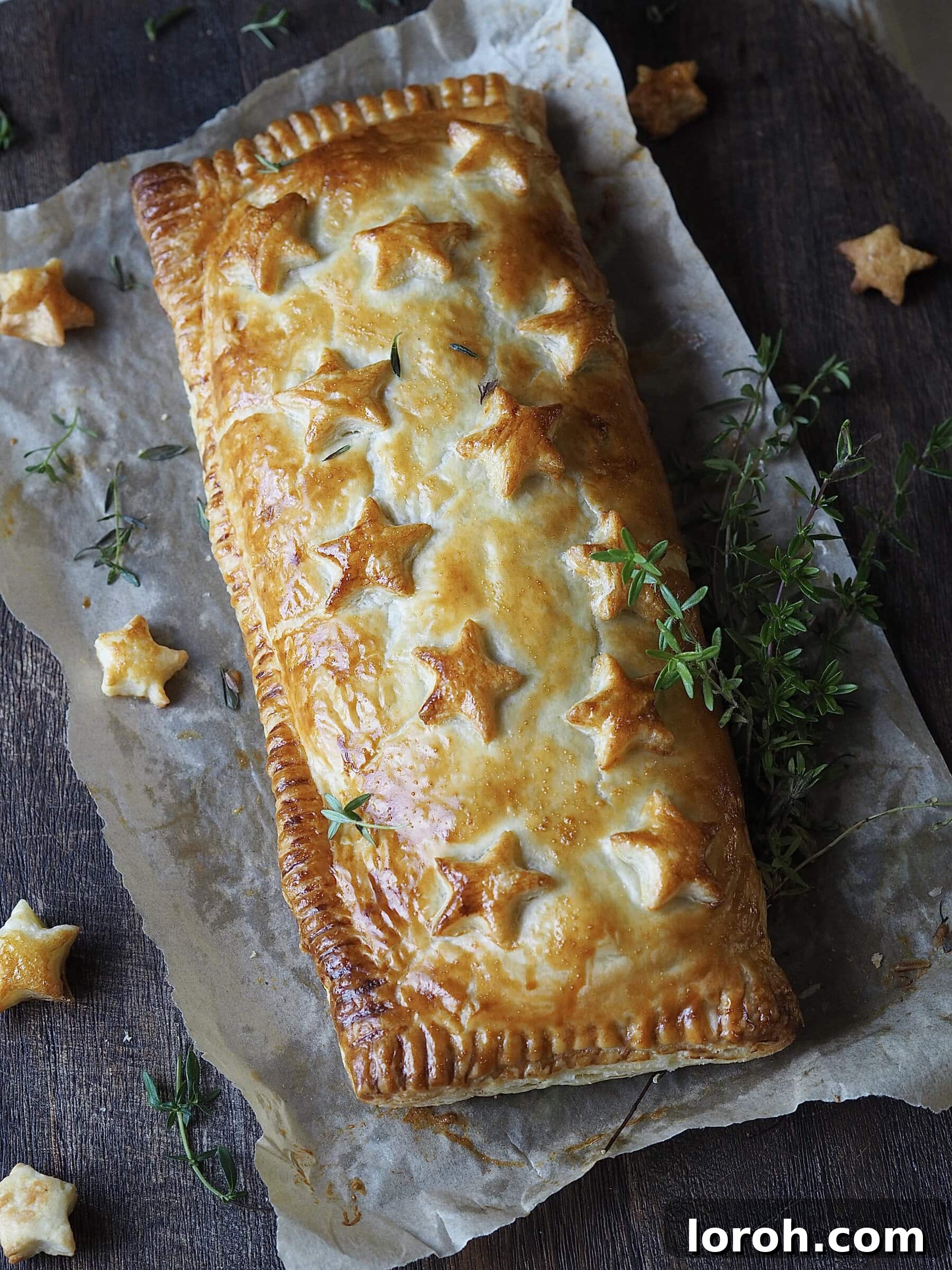 Festive Nut Roast Wellington with Christmas decorations, perfect vegetarian centerpiece
