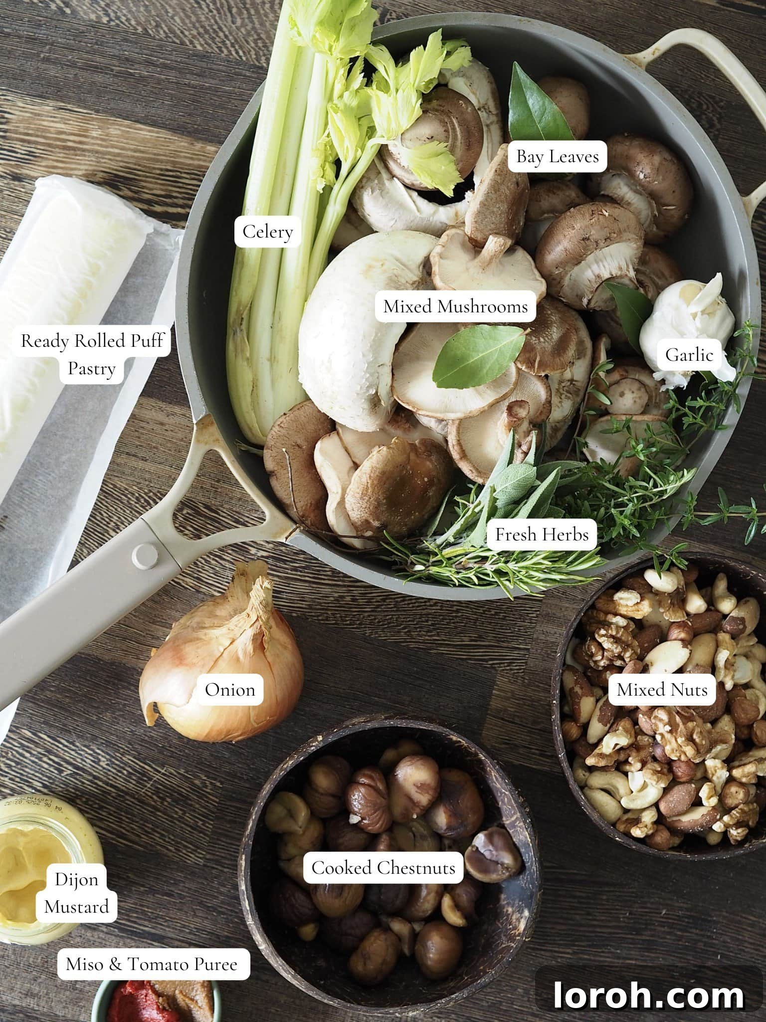 Fresh ingredients laid out for making a delicious Nut Roast Wellington