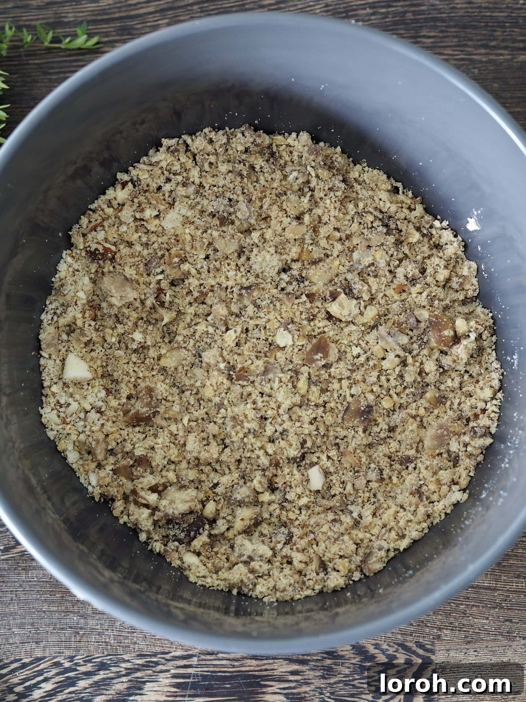 Bowl of finely chopped mixed nuts, ready for the Wellington filling