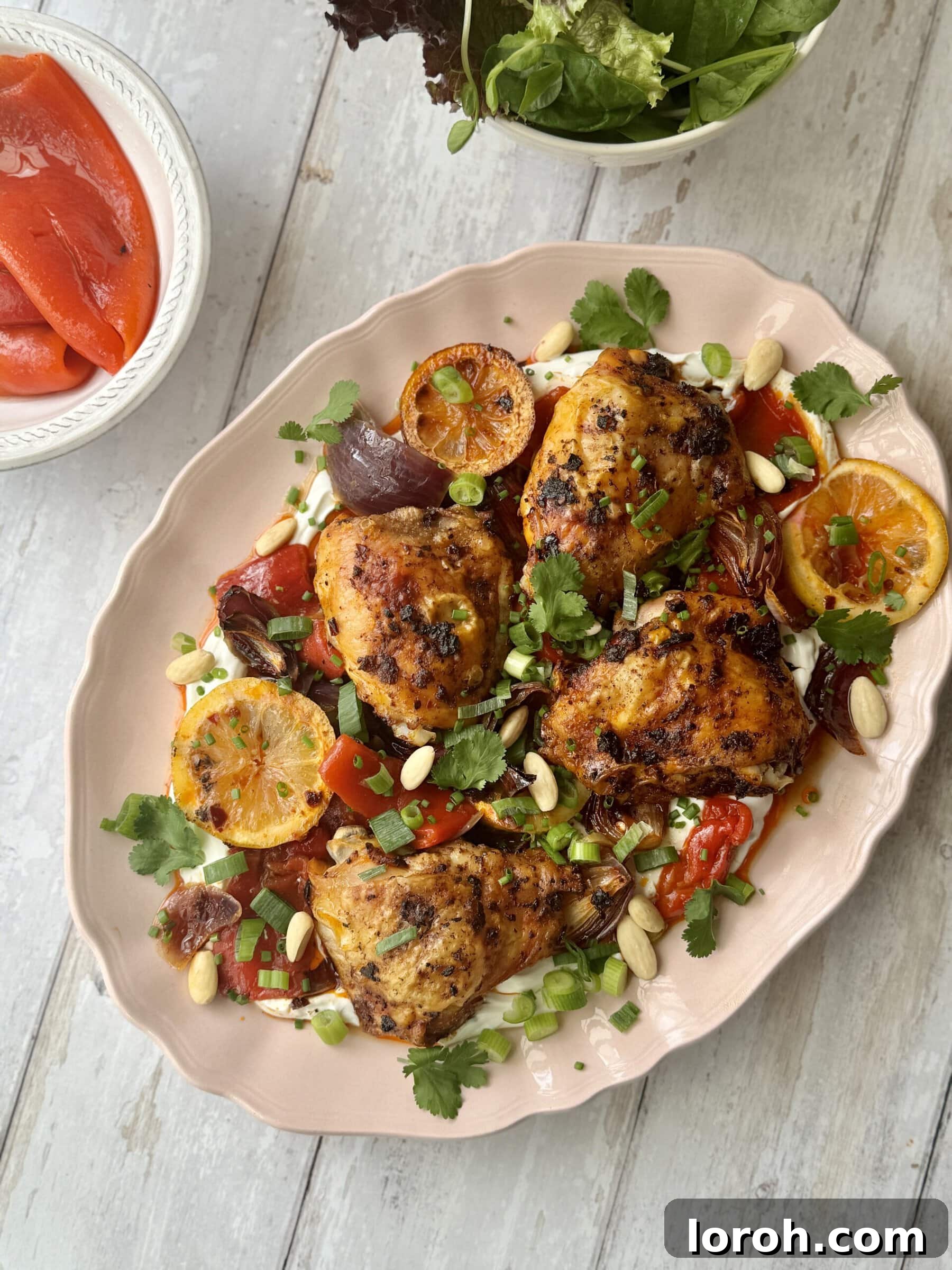 Power-Packed Protein Dinners 2 Harissa chicken on platter with labneh, a delicious high-protein dinner idea