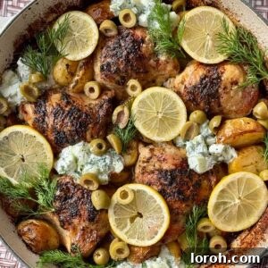 greek chicken lemon potatoes in a white dish.