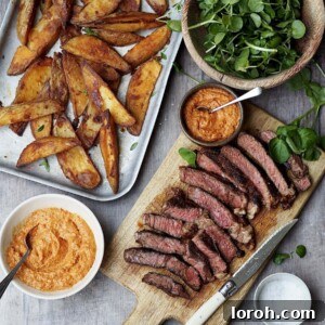 Trays of crispy potato wedges and sliced steak next to bowls of watercress and romesco sauce.