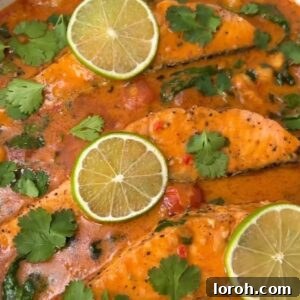 thai salmon curry in a pan