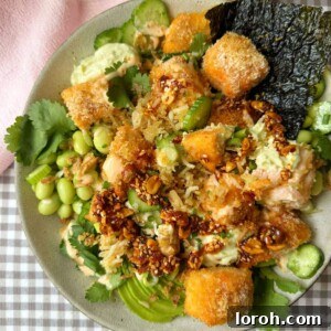 Crunchy Salmon Roll (in a bowl) with edamame and chilli oil.