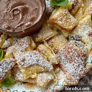 Kaiserschmarrn on a plate with powdered sugar and fruit compote.